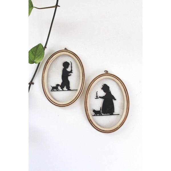 Vintage Paper Cut Silhouette Wall Art - Wooden Oval Frames Set of 2 - Black and White, Children, Victorian Style