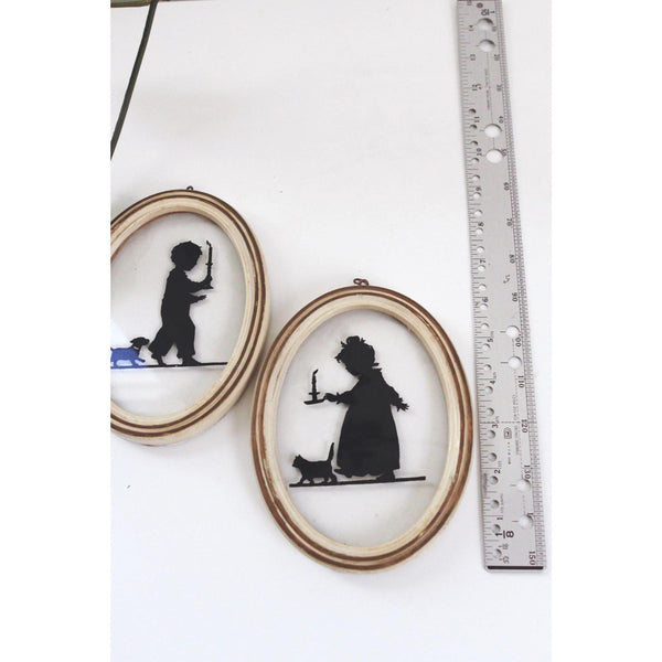 Vintage Paper Cut Silhouette Wall Art - Wooden Oval Frames Set of 2 - Black and White, Children, Victorian Style