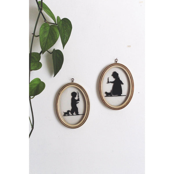 Vintage Paper Cut Silhouette Wall Art - Wooden Oval Frames Set of 2 - Black and White, Children, Victorian Style