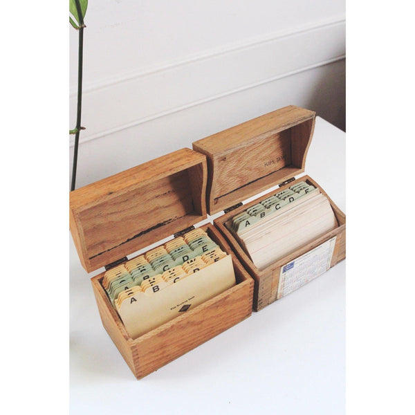 Vintage Wooden Recipe Boxes Card Holder Set - Alphabet Dividers, Hinged Lids, Dovetail Joints - Mid Century