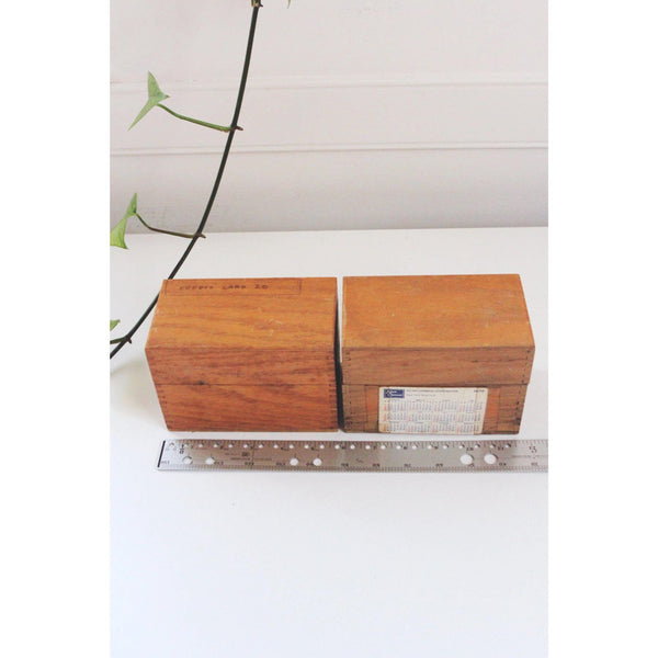 Vintage Wooden Recipe Boxes Card Holder Set - Alphabet Dividers, Hinged Lids, Dovetail Joints - Mid Century