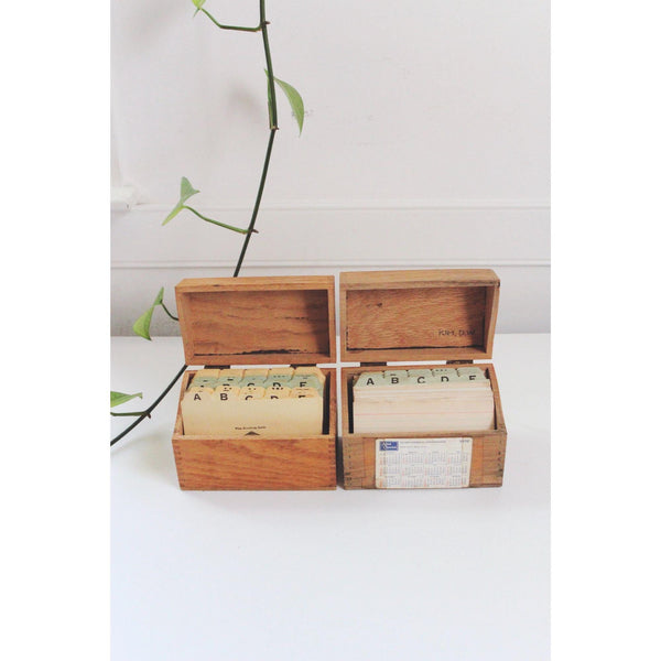Vintage Wooden Recipe Boxes Card Holder Set - Alphabet Dividers, Hinged Lids, Dovetail Joints - Mid Century