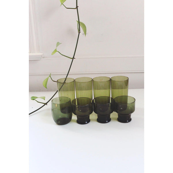 Vintage Green Glasses Set Of 8 - Mid-Century Modern Drinkware - Tall Tumblers, Small Goblets