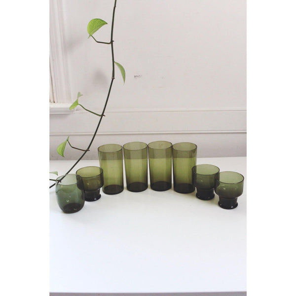 Vintage Green Glasses Set Of 8 - Mid-Century Modern Drinkware - Tall Tumblers, Small Goblets