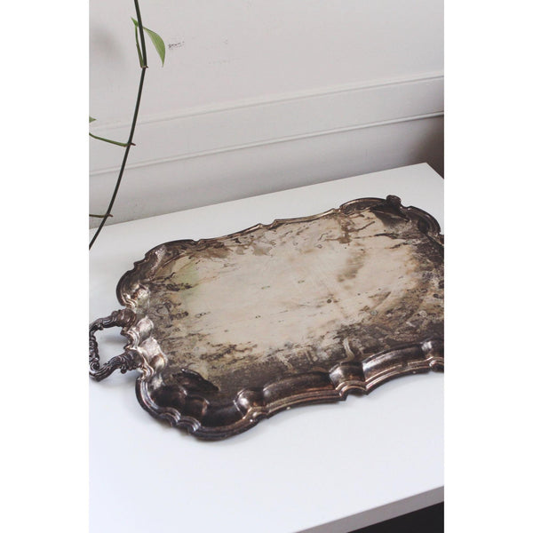 Vintage Silver-Plated Serving Tray With Handles & Scalloped Edges - Ornate Engraved Antique