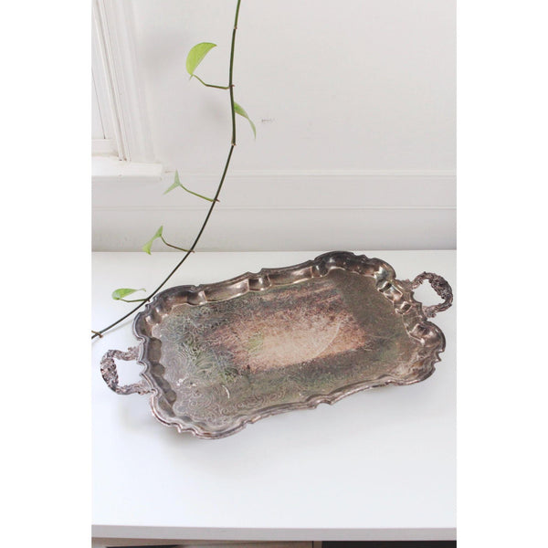 Vintage Silver-Plated Serving Tray With Handles & Scalloped Edges - Ornate Engraved Antique