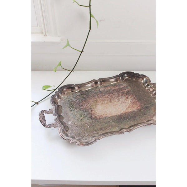 Vintage Silver-Plated Serving Tray With Handles & Scalloped Edges - Ornate Engraved Antique