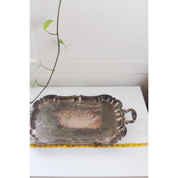 Vintage Silver-Plated Serving Tray With Handles & Scalloped Edges - Ornate Engraved Antique