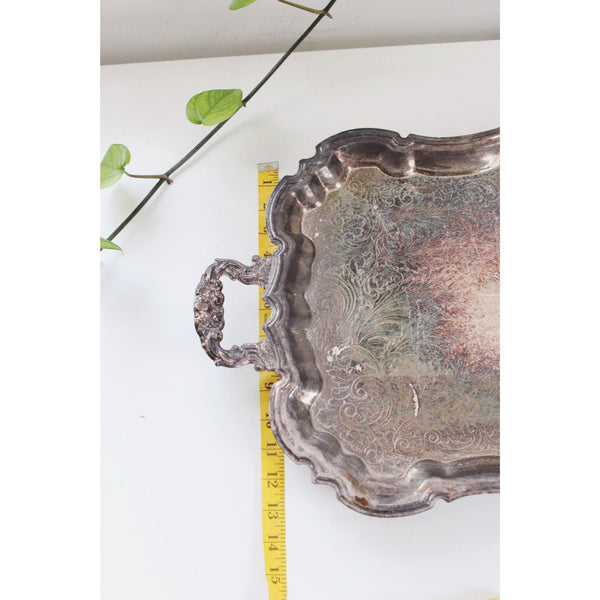 Vintage Silver-Plated Serving Tray With Handles & Scalloped Edges - Ornate Engraved Antique