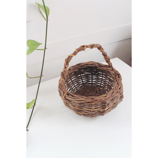 Vintage Hand-Woven Wicker Basket With Handle - Twig Construction, Rustic Farmhouse