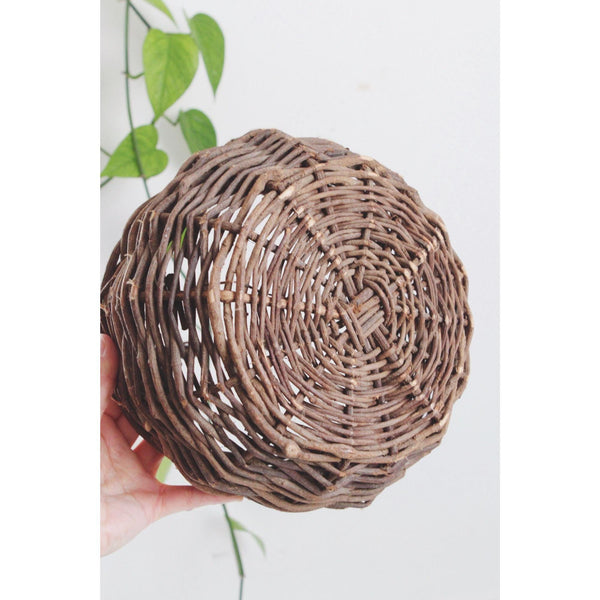 Vintage Hand-Woven Wicker Basket With Handle - Twig Construction, Rustic Farmhouse
