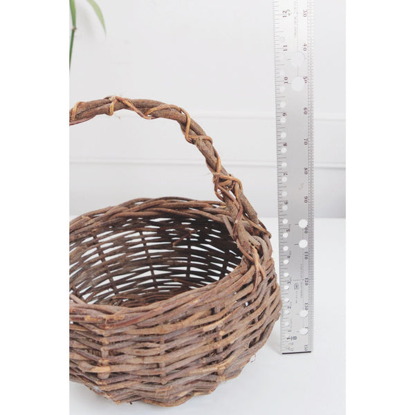 Vintage Hand-Woven Wicker Basket With Handle - Twig Construction, Rustic Farmhouse