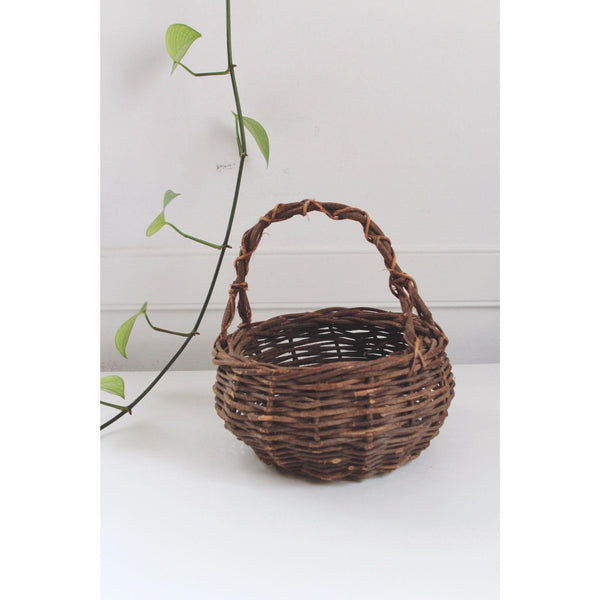 Vintage Hand-Woven Wicker Basket With Handle - Twig Construction, Rustic Farmhouse