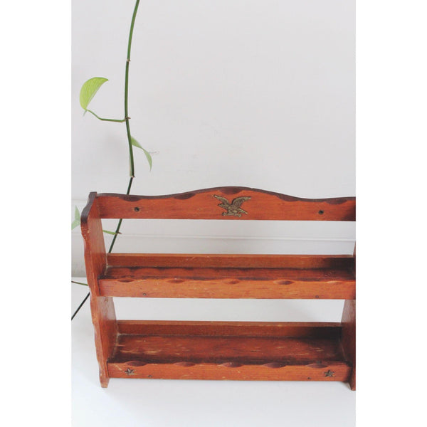 Vintage Wooden Spice Rack Wall Shelf - Brass Eagle & Star Accents - Rustic Americana