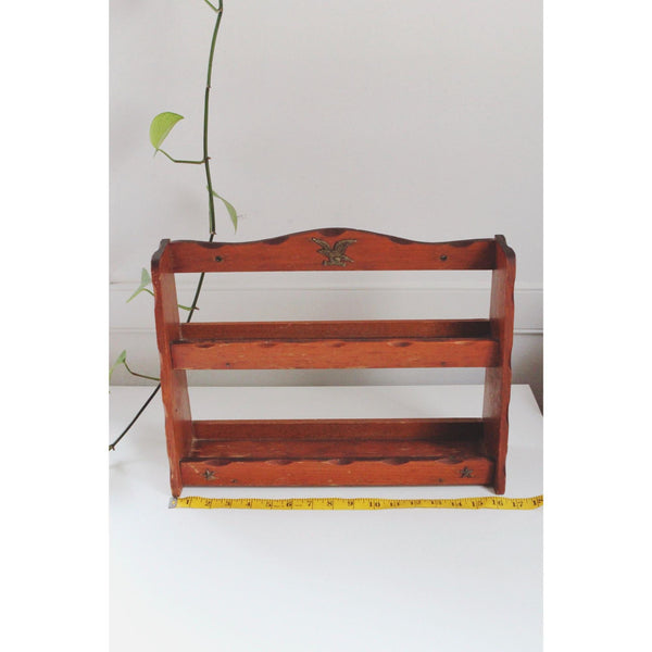 Vintage Wooden Spice Rack Wall Shelf - Brass Eagle & Star Accents - Rustic Americana