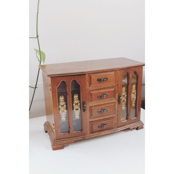 Vintage Wooden Jewelry Box Armoire London Leather - Ornate Glass Doors - Mid Century, Retro