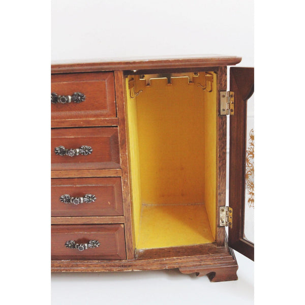 Vintage Wooden Jewelry Box Armoire London Leather - Ornate Glass Doors - Mid Century, Retro