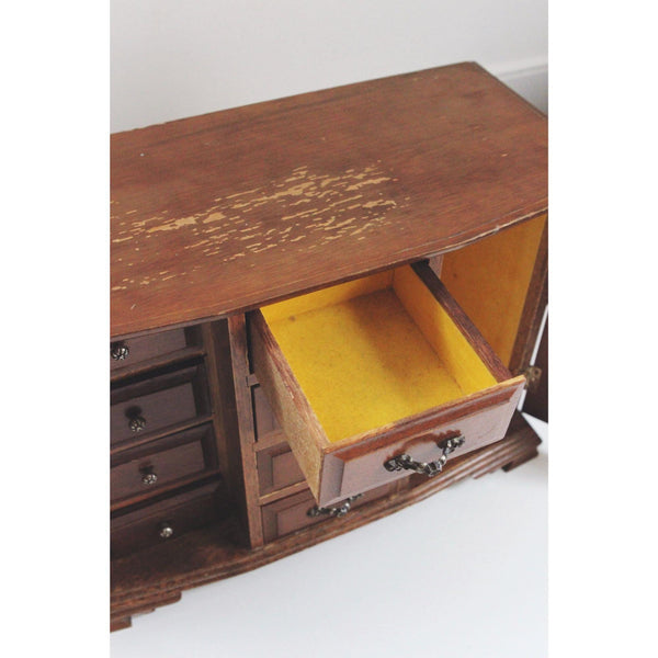 Vintage Wooden Jewelry Box Armoire London Leather - Ornate Glass Doors - Mid Century, Retro