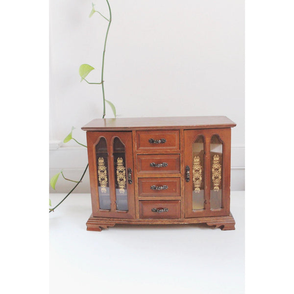 Vintage Wooden Jewelry Box Armoire London Leather - Ornate Glass Doors - Mid Century, Retro