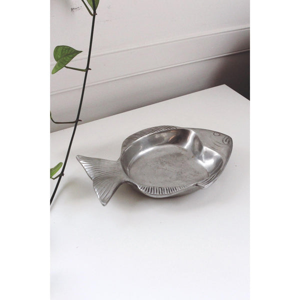 Vintage Fish Serving Tray Trinket Dish Catchall - Silver, Oval, Textured Details