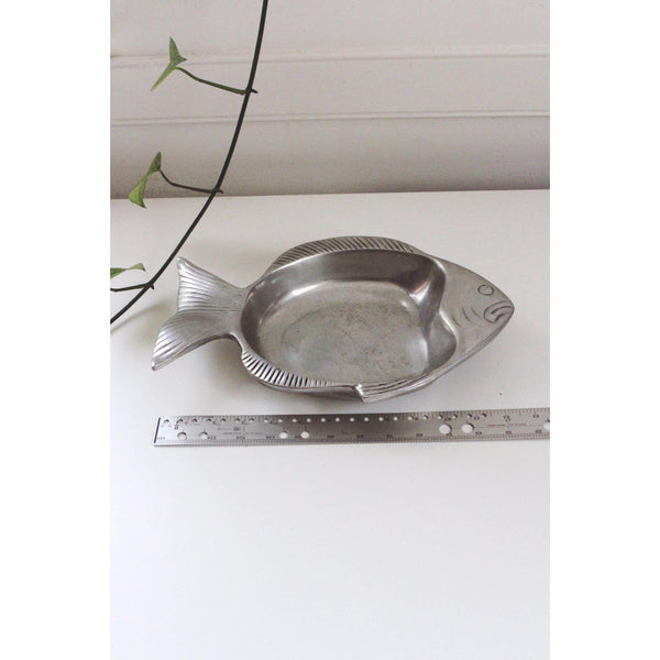 Vintage Fish Serving Tray Trinket Dish Catchall - Silver, Oval, Textured Details