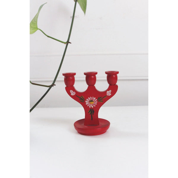 Vintage Swedish Mini Candleabra - Hand-Painted Red Wooden Candle Holder - Scandinavian Folk Art, Floral