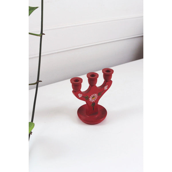 Vintage Swedish Mini Candleabra - Hand-Painted Red Wooden Candle Holder - Scandinavian Folk Art, Floral