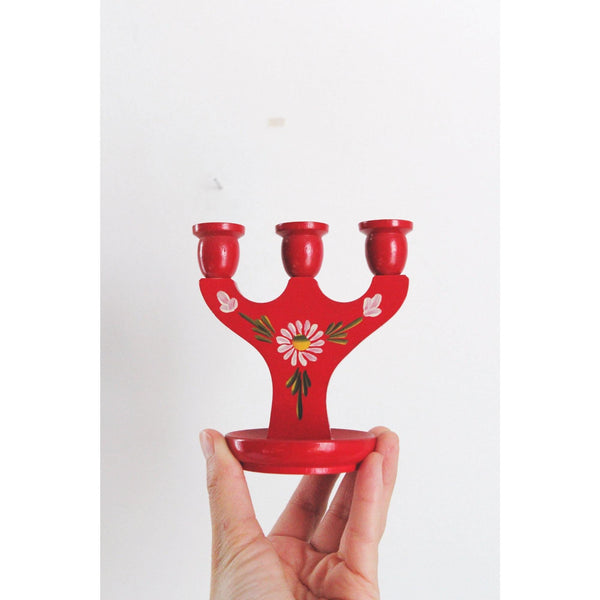 Vintage Swedish Mini Candleabra - Hand-Painted Red Wooden Candle Holder - Scandinavian Folk Art, Floral