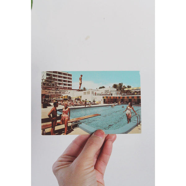 Vintage Sea Gull Hotel Miami Beach Postcard Pool Scene Mid-Century Linen Back