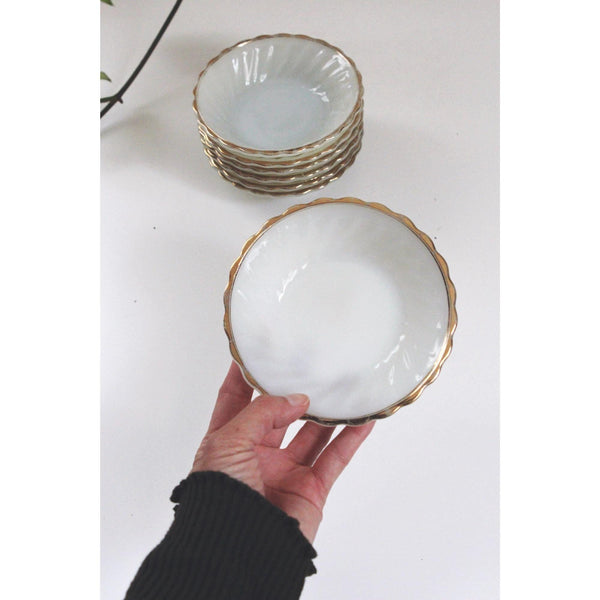 Vintage Milk Glass Bowls Set of 7 - Anchor Hocking Fire-King - Gold Trim Scalloped Edges, Berry Dessert Bowls