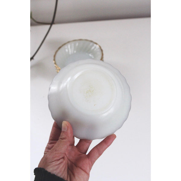 Vintage Milk Glass Bowls Set of 7 - Anchor Hocking Fire-King - Gold Trim Scalloped Edges, Berry Dessert Bowls