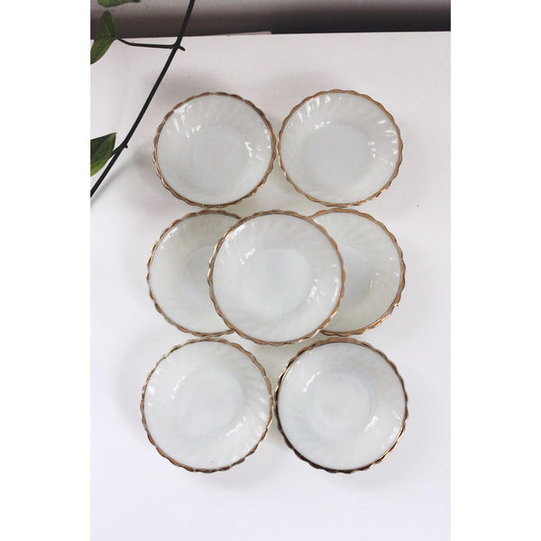 Vintage Milk Glass Bowls Set of 7 - Anchor Hocking Fire-King - Gold Trim Scalloped Edges, Berry Dessert Bowls