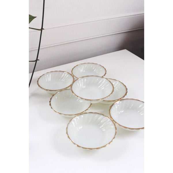 Vintage Milk Glass Bowls Set of 7 - Anchor Hocking Fire-King - Gold Trim Scalloped Edges, Berry Dessert Bowls