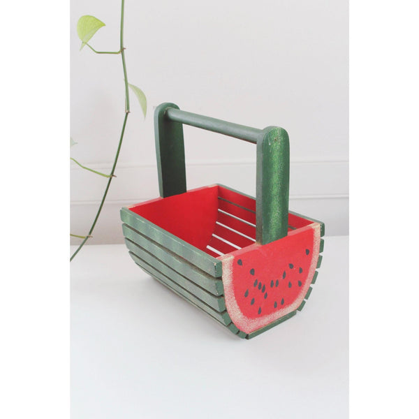 Vintage Watermelon Wooden Basket With Handle - Hand Painted Rustic Farmhouse Decor, Folk Art