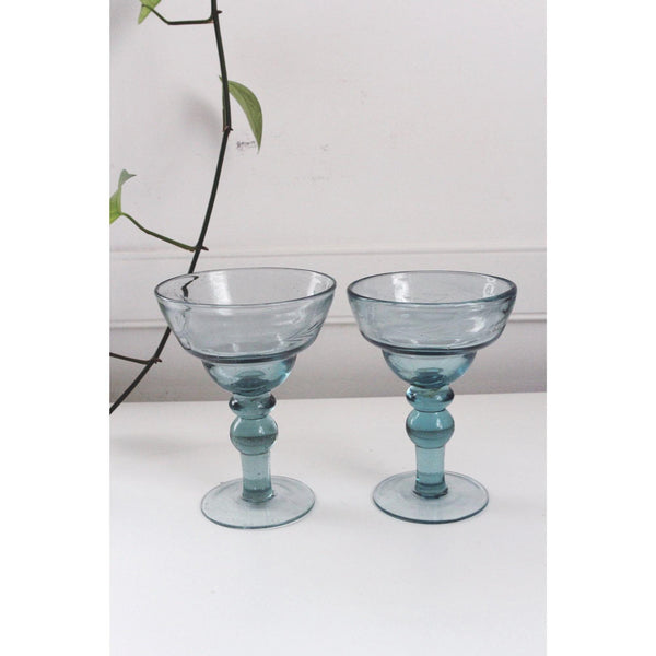 Vintage Blue Margarita Glasses Goblets Ball Bubble Stem Floral Etching - Set Of 2