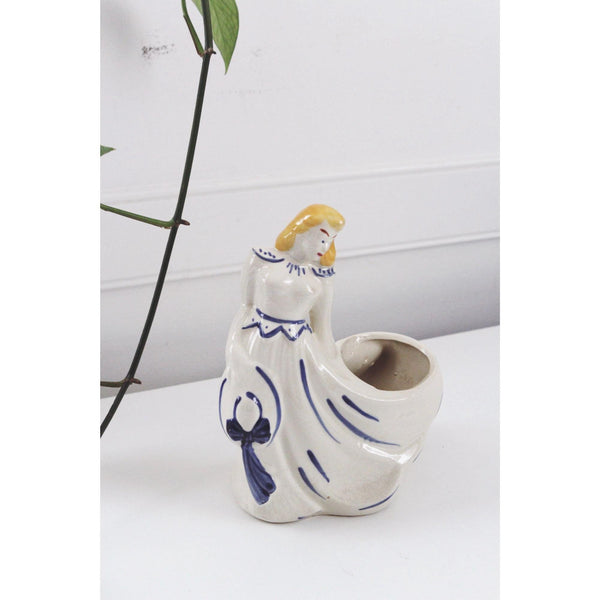 Vintage Ceramic Lady Figurine Planter With Blue & Yellow Hand-Painted - Mid Century, Southern Belle