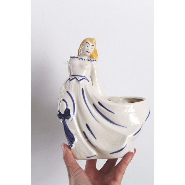 Vintage Ceramic Lady Figurine Planter With Blue & Yellow Hand-Painted - Mid Century, Southern Belle