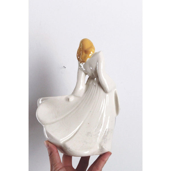Vintage Ceramic Lady Figurine Planter With Blue & Yellow Hand-Painted - Mid Century, Southern Belle