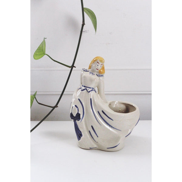 Vintage Ceramic Lady Figurine Planter With Blue & Yellow Hand-Painted - Mid Century, Southern Belle