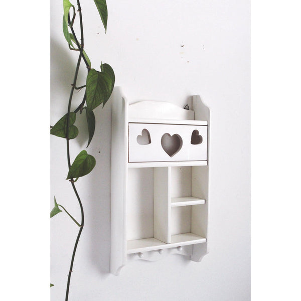 Vintage White Wooden Trinket Shelf Wall Organizer - Heart Cutouts & Hooks - Cottagecore, Rustic, Farmhouse