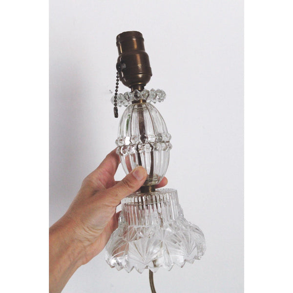 Vintage 60s Glass Table Lamp - Brass Socket & Pull Chain - Budoir, Hollywood Regency