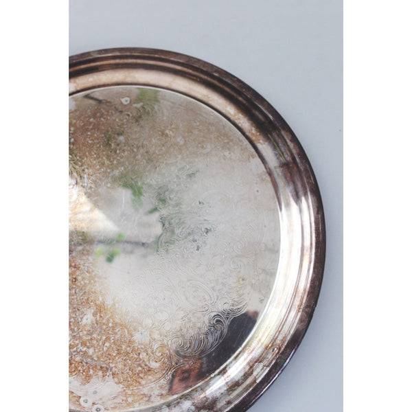 Vintage Silver-Plated Serving Tray - Ornate Engraved Pattern, Tarnished Patina - Towle