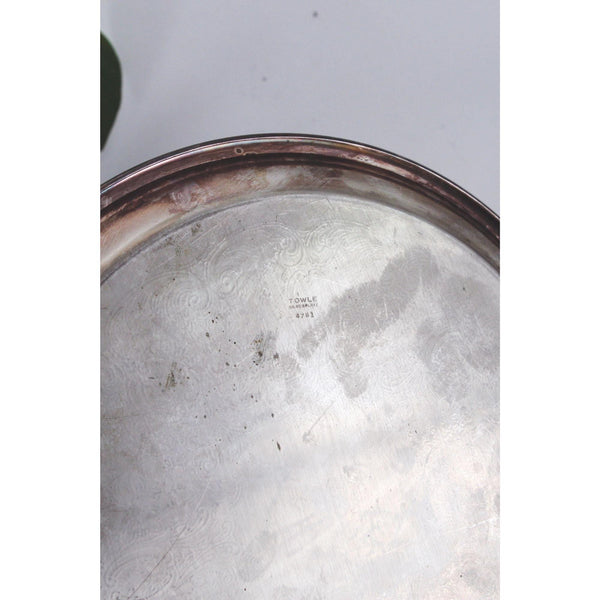 Vintage Silver-Plated Serving Tray - Ornate Engraved Pattern, Tarnished Patina - Towle