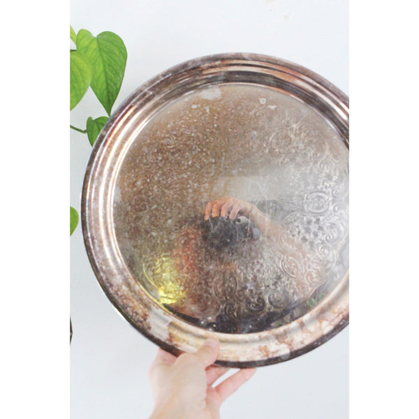 Vintage Silver-Plated Serving Tray - Ornate Engraved Pattern, Tarnished Patina - Towle