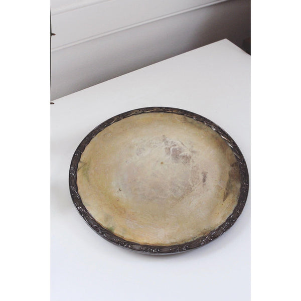 Vintage Silver-Plated Ornate Round Tray With Patina & Floral Border Design