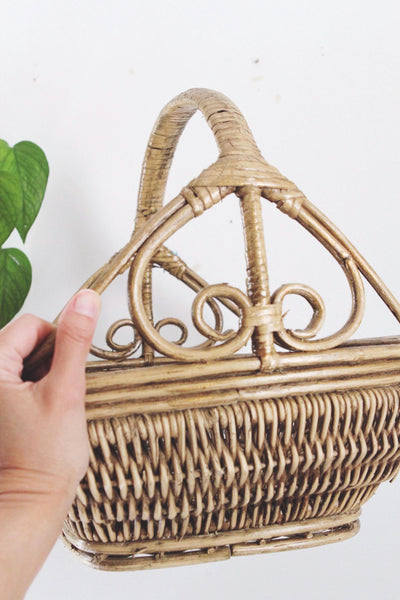 Vintage Woven Wicker Gathering Basket - Twisted Handle - Farmhouse, Cottagecore