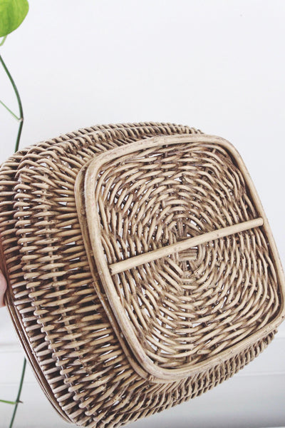 Vintage Woven Wicker Gathering Basket - Twisted Handle - Farmhouse, Cottagecore