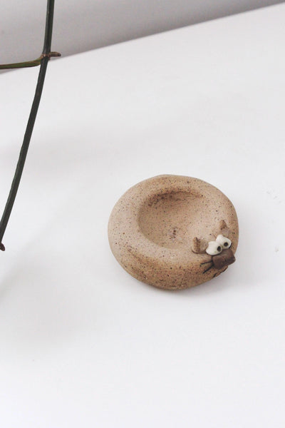 Vintage Ceramic Cat Figurine Incense Holder Burner - Hand Carved Clay - Ring Trinket Dish
