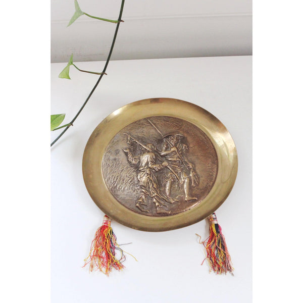 Vintage Korean Brass Repoussé Wall Hanging Plate Relief - Fisherman Scene, Tassels