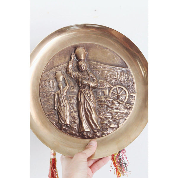 Vintage Korean Brass Wall Hanging Plate - Relief Women Rural Village Scene, Tassels